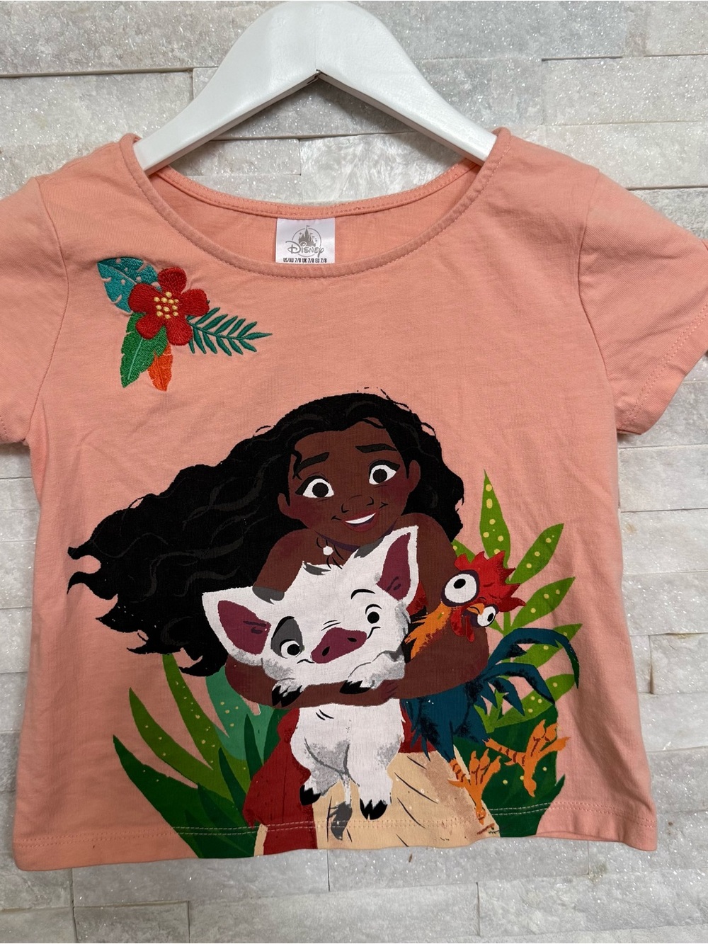 Disney Parks Girls Moana Pua Hei Hei Tropical Embroidered Shirt, Size 7/8 Coral